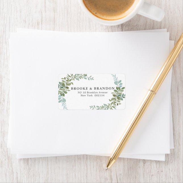 Soft Green Eucalyptus Watercolor Rustic Wedding Adressetikett (Insitu)