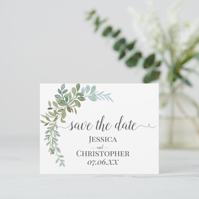 Soft Green Eucalyptus Watercolor Rustic Wedding Meddelande Vykort (Stående Fram)