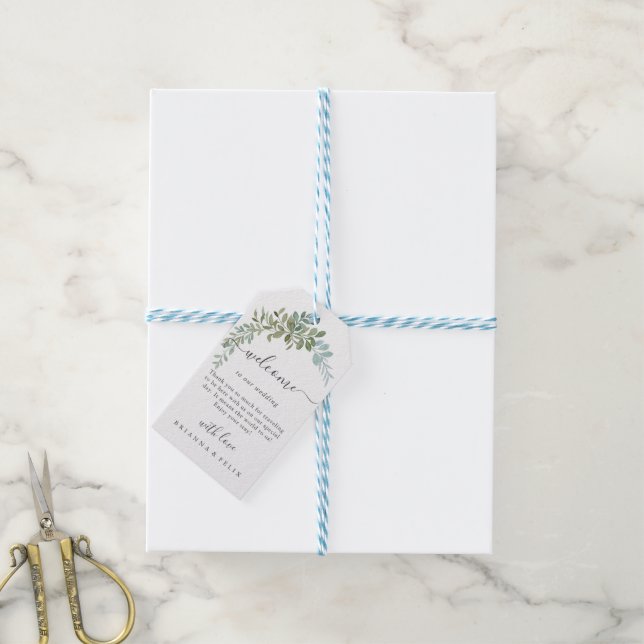 Soft Green Eucalyptus Watercolor Rustic Wedding Presentetikett (Med Snöre)
