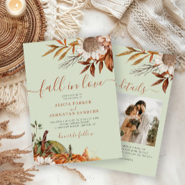 Soft green rust leaves boho floral fall wedding inbjudningar