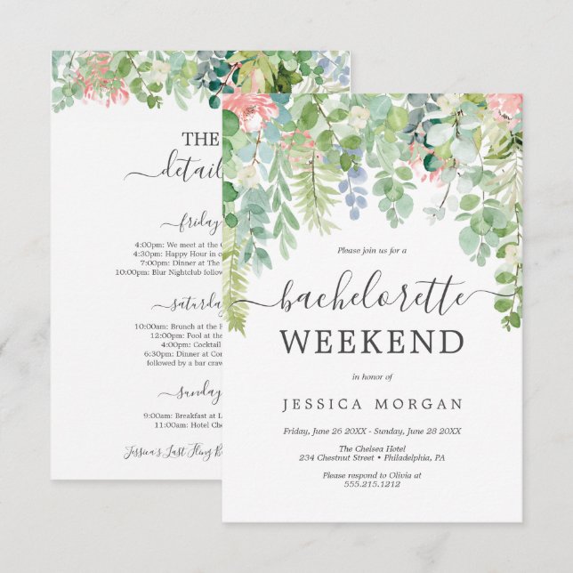 Soft Greenery Bachelorette Party Inbjudan Card (Fram/baksida)