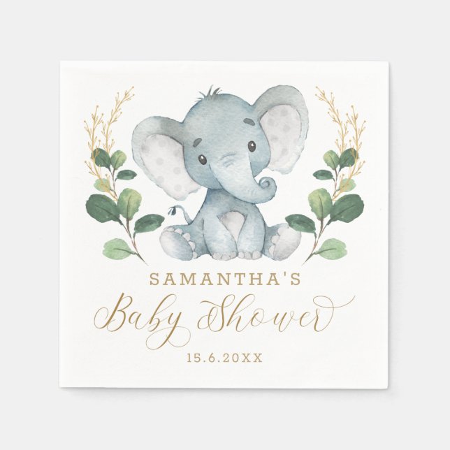 Soft Greenery Elephant Grönt Guld Baby Shower Pappersservett (Framsidan)