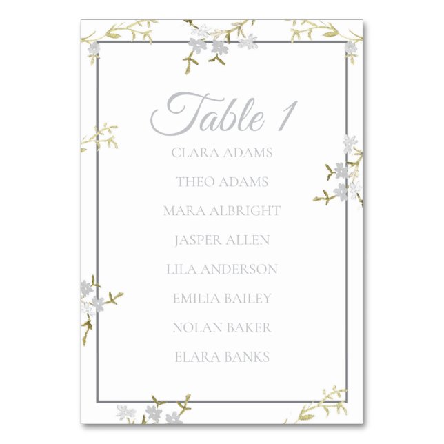 Soft Grey Floral Elegant Wedding Seating Chart Bordsnummer (Framsidan)