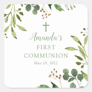 Soft Grönt Löv First Communion Sticker Fyrkantigt Klistermärke
