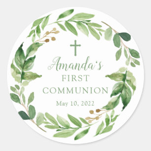 Soft Grönt Löv First Communion Sticker Runt Klistermärke