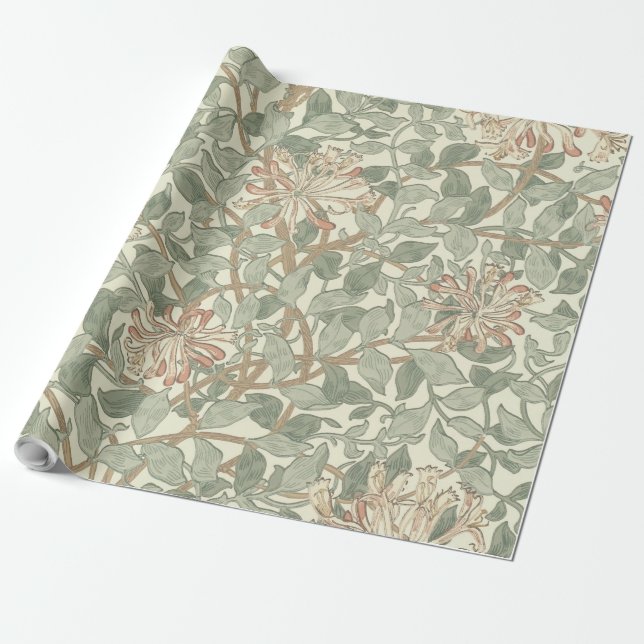 Soft Grönt Vintage William Morris Honeysuckle Presentpapper (Utrullad)