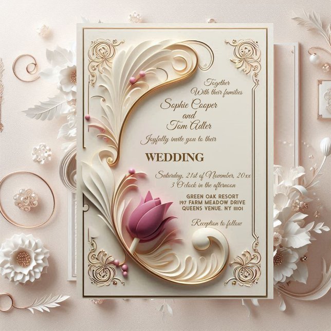 Soft Guld Baroque Grandeur med Tulip Blommigt Swir Inbjudningar (Soft Gold Baroque Grandeur with Tulip Floral Swirl Invitation)
