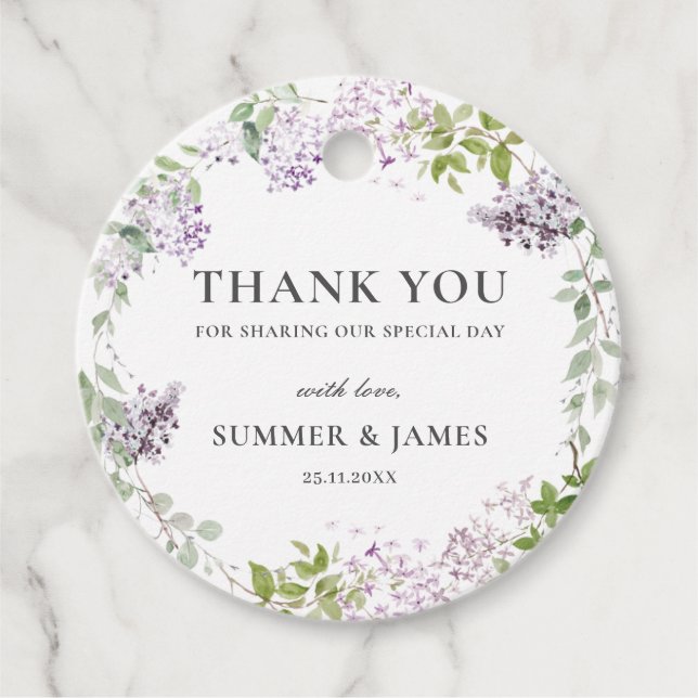 Soft Hued Lilac Lila Blommigt Bröllop Tack Gåvor Etiketter (Framsida)