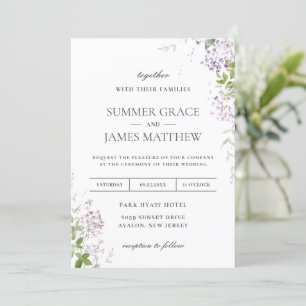 Soft Hued Lilac Lila Blommigt Greenery Bröllop Inbjudningar