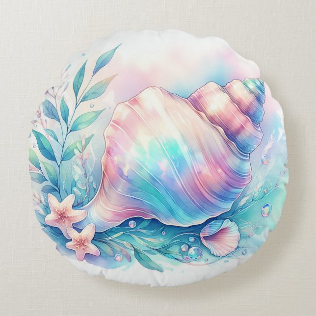 Soft Iridescent Pastel Hues Conch Seashell Rund Kudde (Framsidan)