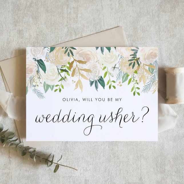 Soft Ivory Blommigt Garland blir min vaktmästare (Botanical wedding usher proposal card featuring ivory flowers, greenery, and faux gold foil accents.)