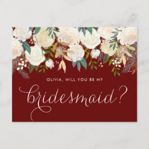 Soft Ivory Blommigt Garland Red be My Bridesmaid Inbjudan Vykort
