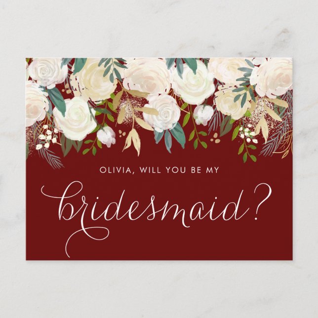 Soft Ivory Blommigt Garland Red be My Bridesmaid Inbjudan Vykort (Framsida)
