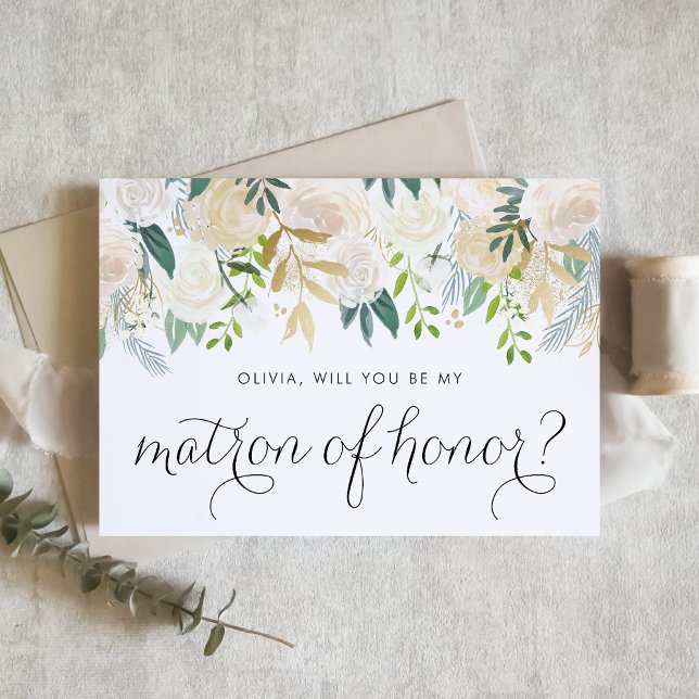 Soft Ivory Flowers kommer att bli min hedersbetyge (Will you be my matron of honor? Floral Matron of Honor Proposal Card featuring soft ivory flowers.)
