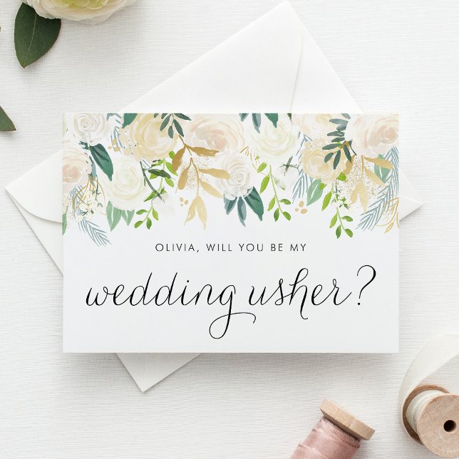 Soft Ivory Flowers kommer du att bli min vaktmästa Kort (Elegant wedding usher proposal card featuring ivory flowers, greenery, and faux gold foil accents.)