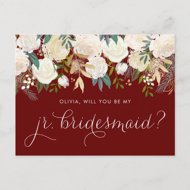 Soft Ivory Flowers Red be My Junior Bridesmaid Inbjudan Vykort (Framsida)