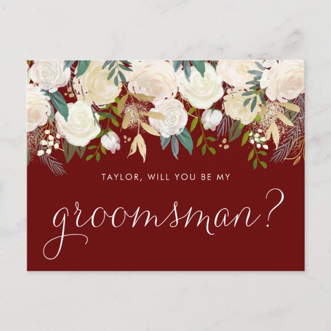 Soft Ivory Flowers Red blir min Groomsman Inbjudan Vykort (Framsida)