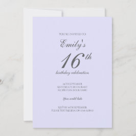 Soft Lavender Minimalist 16th Birthday Invitation Inbjudningar
