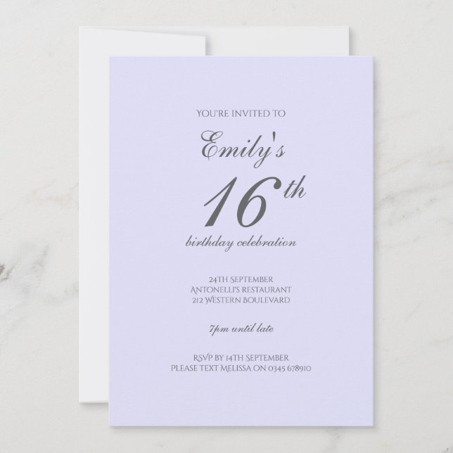 Soft Lavender Minimalist 16th Birthday Invitation Inbjudningar (Framsida)