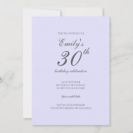 Soft Lavender Minimalist 30th Birthday Invitation Inbjudningar