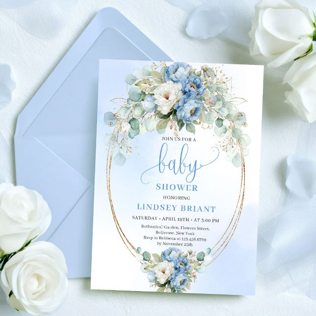 Soft Light Blue Peonies Greenery Gold Baby Shower Inbjudningar (Soft Light Blue Peonies Greenery Baby Shower Invitation)