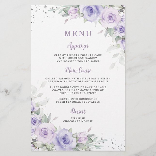 Soft Lila Lavender Blommigt Greenery Menu Lakan Flygblad (Framsidan)