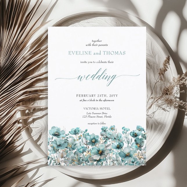 Soft minimalist boho sommarturkos av vilda blommor inbjudningar (Soft minimalist boho summer turquoise wildflowers invitation)