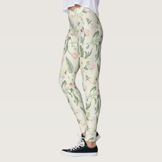 Soft Mint Grönt Garden Flower Mönster Leggings (Vänster)