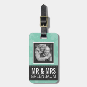 Soft Mint och Grått Mr. och Mrs Personlig Photo Bagagebricka