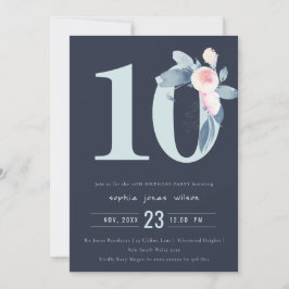 SOFT NAVY  BLUE BLOMMIGT 10 ÅR BIRTHDAY INBJUDNINGAR