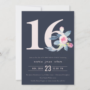 SOFT NAVY BLUE BLOMMIGT 16 VARJE ÅLDER BIRTHDAY INBJUDNINGAR
