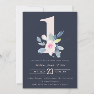 SOFT NAVY BLUE BLOMMIGT 1: E ÅLDER BIRTHDAY INBJUDNINGAR