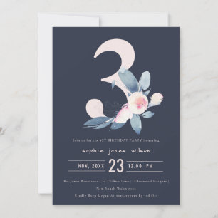 SOFT NAVY BLUE BLOMMIGT 3RD ANY AGE BIRTHDAY INBJUDNINGAR
