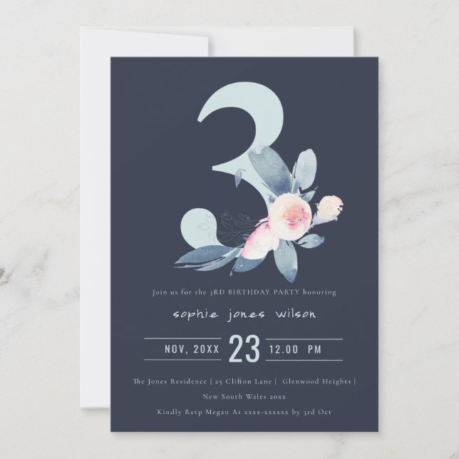 SOFT NAVY  BLUE BLOMMIGT 3RD ANY AGE BIRTHDAY INBJUDNINGAR (Framsida)