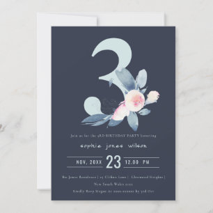 SOFT NAVY BLUE BLOMMIGT 3RD ANY AGE BIRTHDAY INBJUDNINGAR