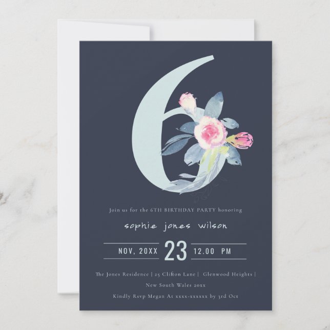 SOFT NAVY  BLUE BLOMMIGT 6E ANY AGE BIRTHDAY INBJUDNINGAR (Framsida)
