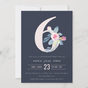 SOFT NAVY  BLUE BLOMMIGT 6E ANY AGE BIRTHDAY INBJUDNINGAR