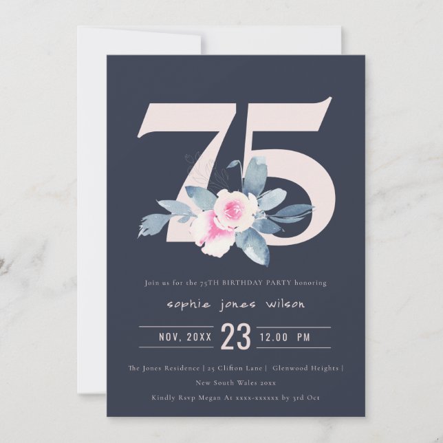 SOFT NAVY  BLUE BLOMMIGT 75:E ANY AGE BIRTHDAY INBJUDNINGAR (Framsida)