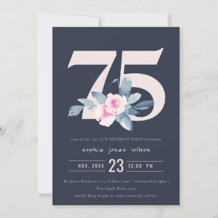 SOFT NAVY BLUE BLOMMIGT 75:E ANY AGE BIRTHDAY INBJUDNINGAR