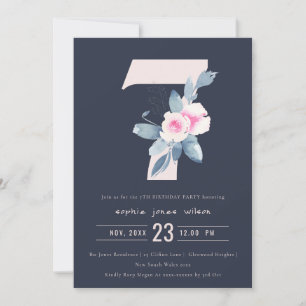 SOFT NAVY  BLUE BLOMMIGT 7:E ANY AGE BIRTHDAY INBJUDNINGAR