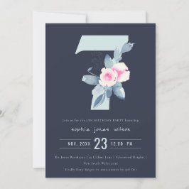 SOFT NAVY  BLUE BLOMMIGT 7:E ANY AGE BIRTHDAY INBJUDNINGAR