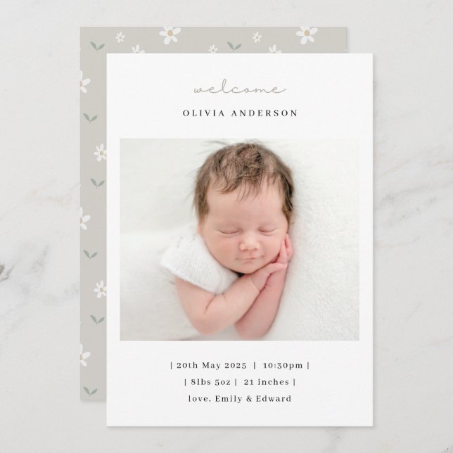 Soft Neutral Florals Birth Announcement Meddelande (Fram/baksida)