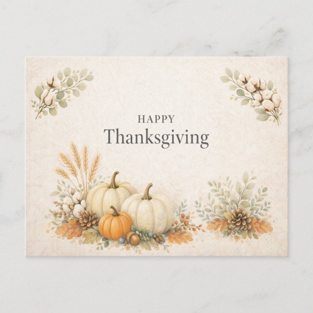 Soft Neutral Rustic Happy Thanksgiving Pumpkin Helg Vykort (Framsida)