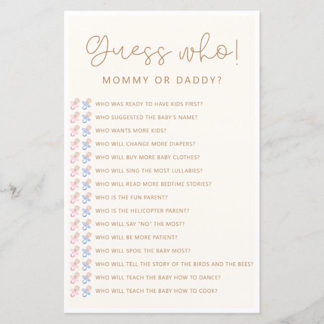 Soft Neutralt Baby Shower Gissa vem som spelar (Framsida)
