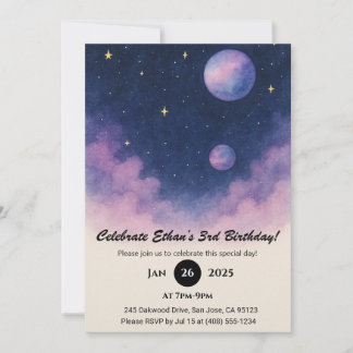Soft Night Sky with Planets and Clouds Birthday Inbjudningar