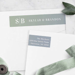 Soft Ombre Dusty Blue & Grönt Bröllop Monogrammed Etikettband