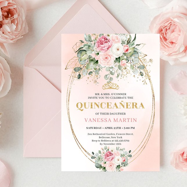 Soft Pale Pink Floral Bohemian Quinceañera Invite Inbjudningar (Soft Pale Pink Floral Bohemian Quinceañera Invitation)