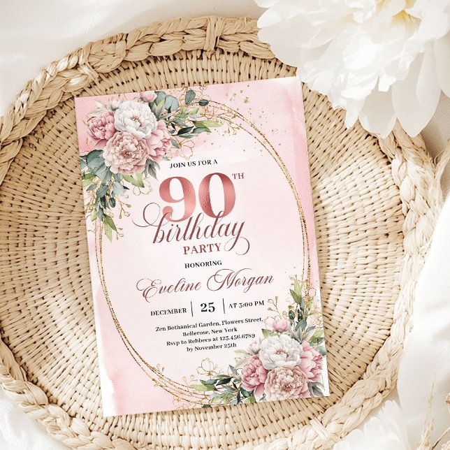 Soft Pale Pink Gold Greenery 90th Birthday Invites Inbjudningar (Soft Pale Pink Gold Greenery 90th Birthday Invitation)