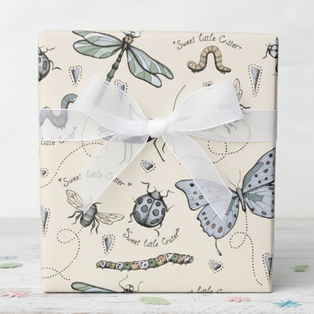 Soft Pastel Blue & Cream Boho Baby Kryp Kids Baby Presentpapper (Cream, Blue & Green Bug & Beetle Wrapping Paper for Baby Shower or Kids Birthday. Dragonfly, Ladybug)