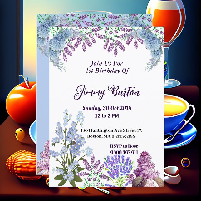 Soft Pastel Blue Hydrangea Lila Lilac Birthday Inbjudningar (Soft Pastel Blue Hydrangea Purple Lilac Birthday Invitation)
